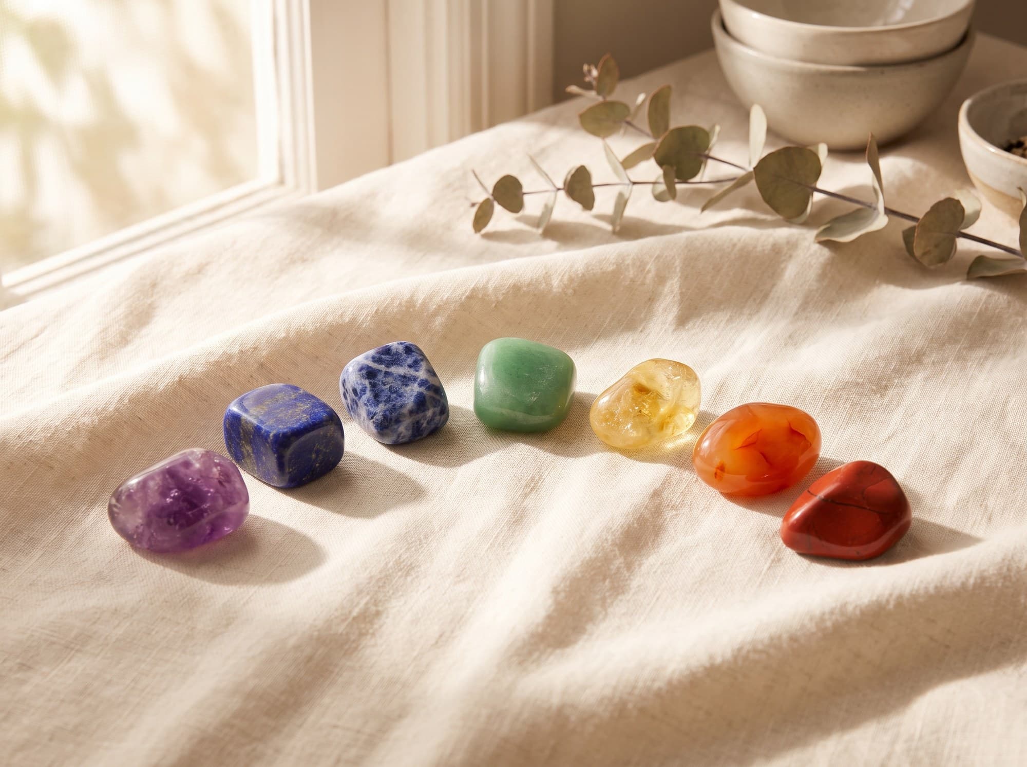 Chakra stones and crystals arranged by color on a cream cloth