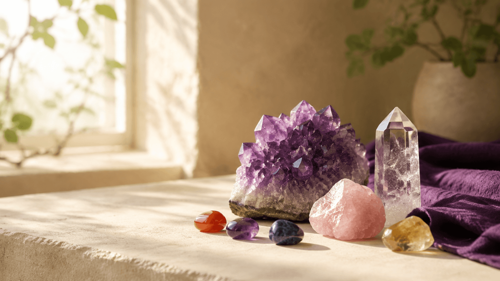 Amethyst, rose quartz, and other crystals arranged on a sunlit windowsill